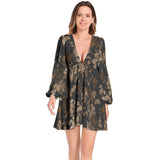 Carmel Roses Print Lantern Sleeve Deep V-Neck Short Dress - Objet D'Art