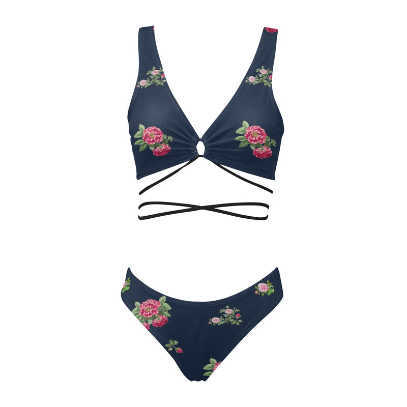 floral blue rose print 5 Cross String Bikini Set (Model S29) - Objet D'Art