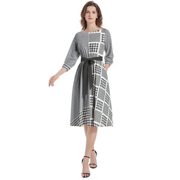 Boat Neck Belted Flared Dress - Objet D'Art