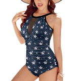 stars blue print 2 Women's High Neck Plunge Mesh Ruched Swimsuit (S43) - Objet D'Art