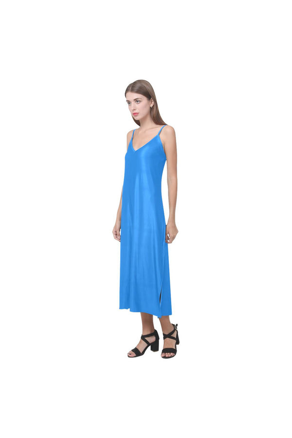 Coral Blue V-Neck Open Fork Long Dress(Model D18) - Objet D'Art