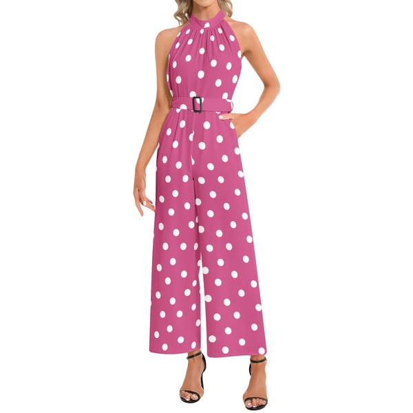 Pink Polka dots Halter Neck Buckle Belted Jumpsuit - Objet D'Art