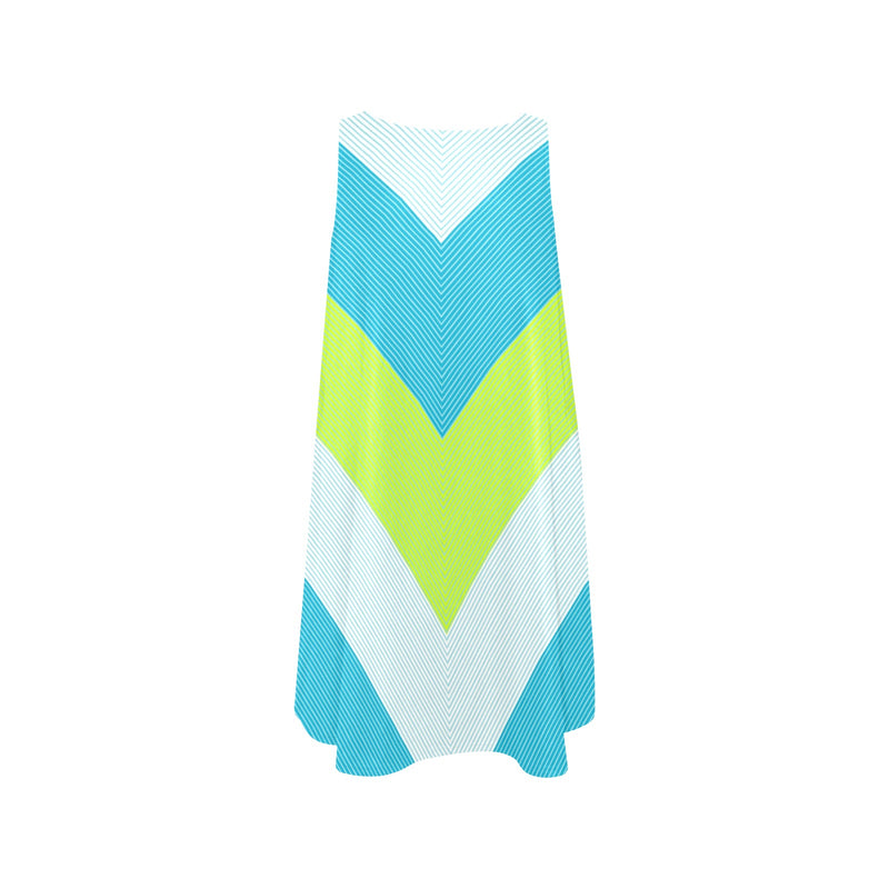 v striped neon green blue white print 5 Sleeveless A-Line Pocket Dress (Model D57) - Objet D'Art