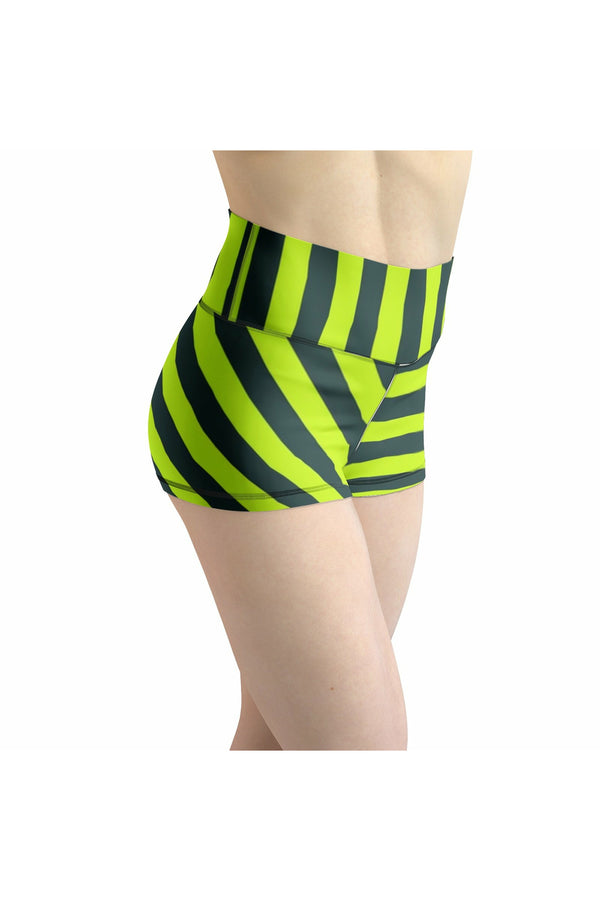 Neon Green Striped Women's Yoga Shorts - Objet D'Art