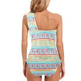 greek key print 2 A C Women's One Shoulder Backless Swimsuit (Model S44) - Objet D'Art