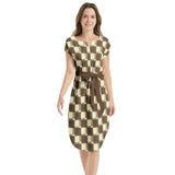 Checkered Notched Neck Belted Dress - Objet D'Art