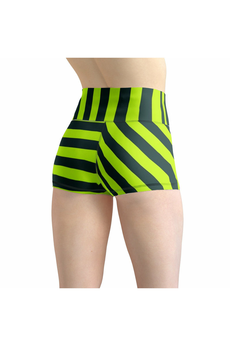 Neon Green Striped Women's Yoga Shorts - Objet D'Art