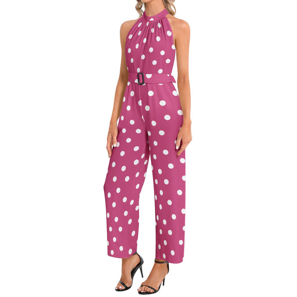 Pink Polka dots Halter Neck Buckle Belted Jumpsuit - Objet D'Art