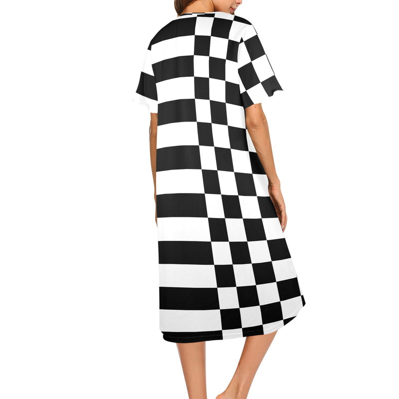 bw check print 2 Women's Button Front House Dress - Objet D'Art