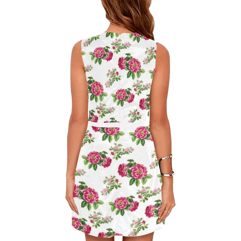 pink on white rose print Eos Women's Sleeveless Dress (Model D01) - Objet D'Art