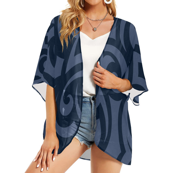 scroll blue print Women's Kimono Chiffon Cover Up (Model H51) - Objet D'Art