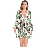 Red Rose Print Lantern Sleeve Deep V-Neck Short Dress - Objet D'Art