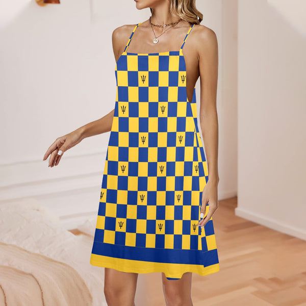 barbados striped checkered trident Drawstring Neck Sleeveless Dress (Model D68) - Objet D'Art