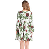 Red Rose Print Lantern Sleeve Deep V-Neck Short Dress - Objet D'Art