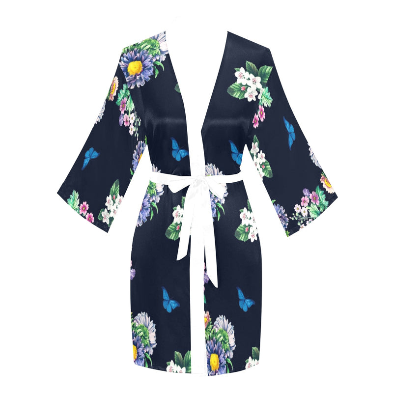 floral blue print 5 Long Sleeve Kimono Robe - Objet D'Art