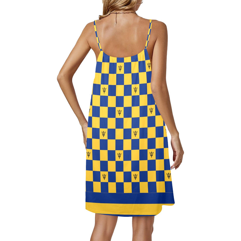 barbados striped checkered trident Drawstring Neck Sleeveless Dress (Model D68) - Objet D'Art