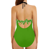 froggy green print Backless Hollow Out Bow Tie Swimsuit (Model S17) - Objet D'Art
