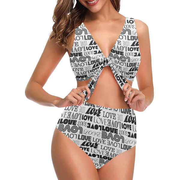 love print bw 2 Chest Bowknot Bikini Swimsuit (Model S33) - Objet D'Art