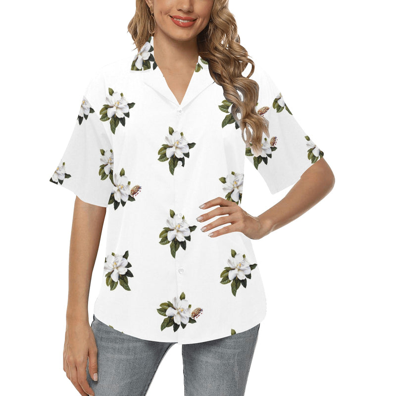 magnolia print on white All Over Print Hawaiian Shirt for Women (Model T58) - Objet D'Art