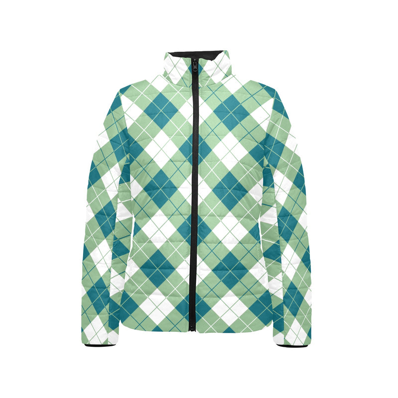 Harbor Blue and Basil Argyle Women's Stand Collar Padded Jacket - Objet D'Art