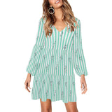 crane striped green print 4 V-Neck Loose Fit Dress (Model D62) - Objet D'Art