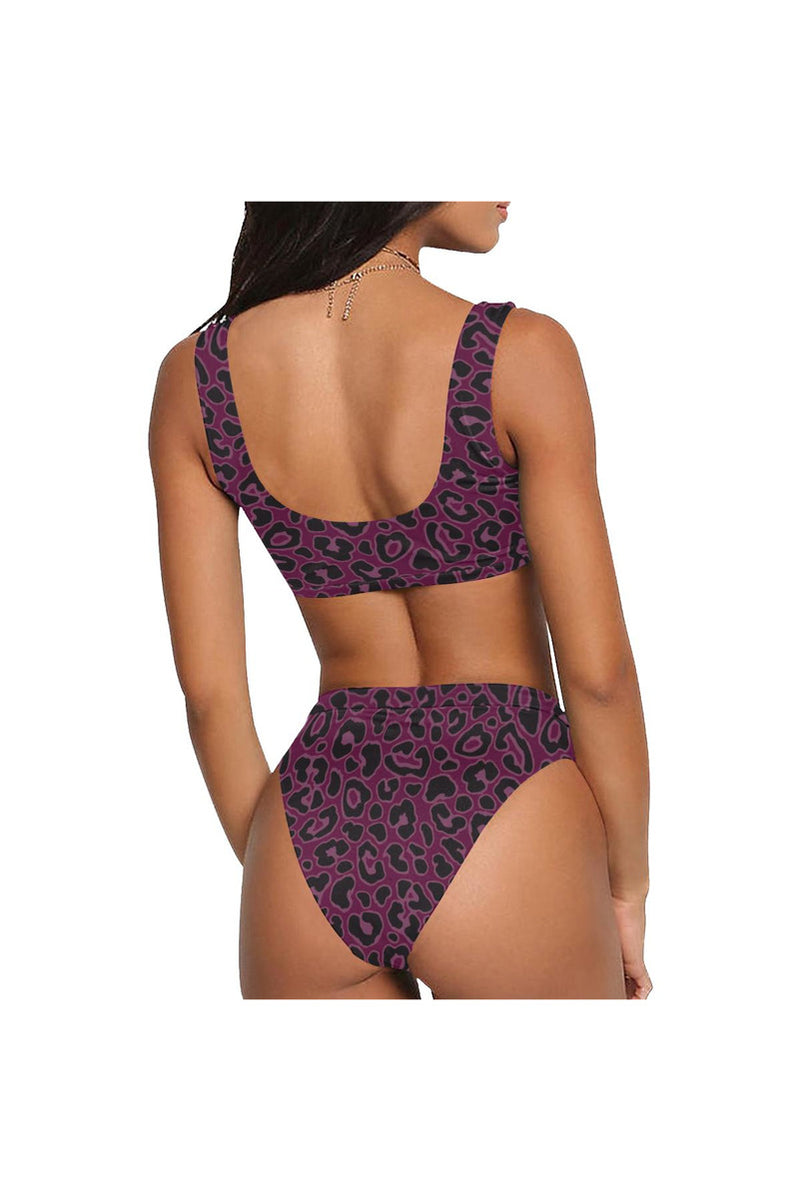 Plum Colored Leopard Print Sport Top & High-Waist Bikini Swimsuit - Objet D'Art