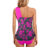fuchsia print solid Women's One Shoulder Backless Swimsuit (Model S44) - Objet D'Art
