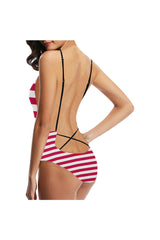 Red Stripes Sexy Lacing Backless One-Piece Swimsuit (Model S10) - Objet D'Art