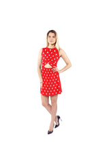 Red Polka Dot Sleeveless Cutout Waist Knotted Dress - Objet D'Art