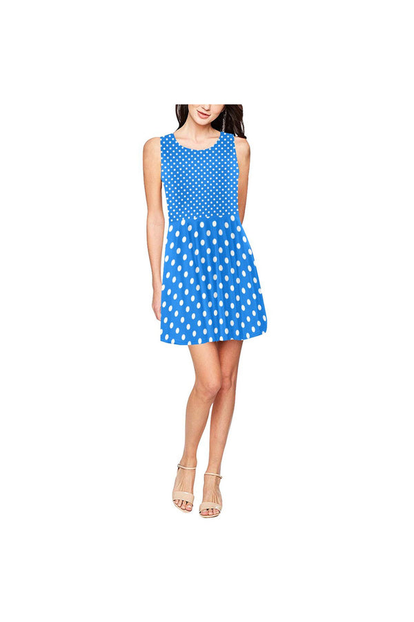 Coral Blue Polka Dot Thea Sleeveless Skater Dress(Model D19) - Objet D'Art