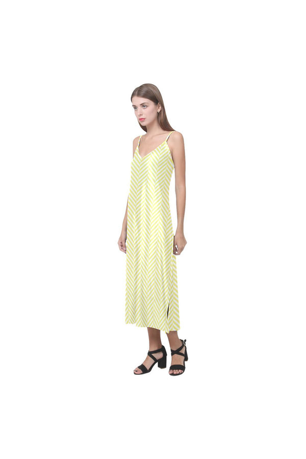 Yellow & White Herringbone V-Neck Open Fork Long Dress(Model D18) - Objet D'Art