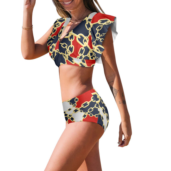 marine camo Women's Ruffle Sleeve Bikini Swimsuit (Model S42) - Objet D'Art