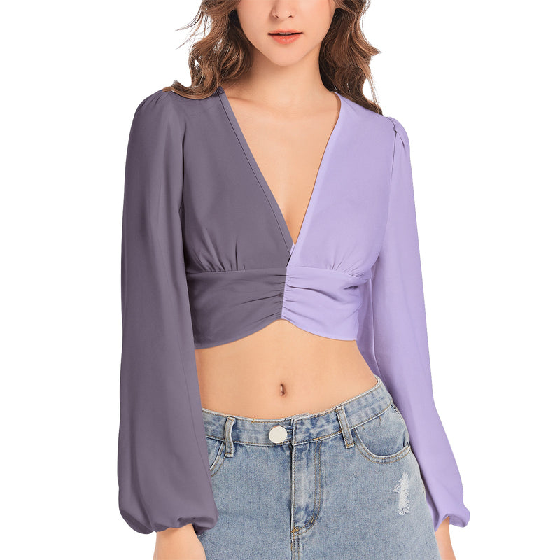 Women's Deep V-Neck Lantern Sleeve Crop Top - Objet D'Art
