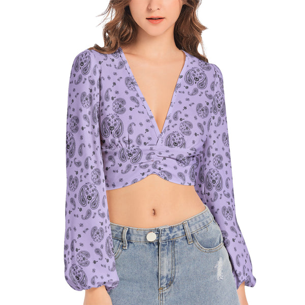 Women's Deep V-Neck Lantern Sleeve Crop Top - Objet D'Art
