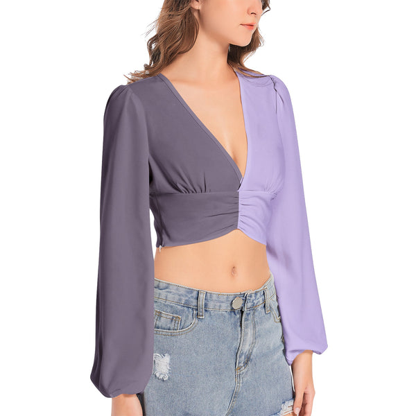 Women's Deep V-Neck Lantern Sleeve Crop Top - Objet D'Art