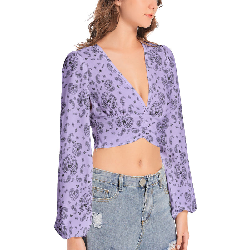 Women's Deep V-Neck Lantern Sleeve Crop Top - Objet D'Art