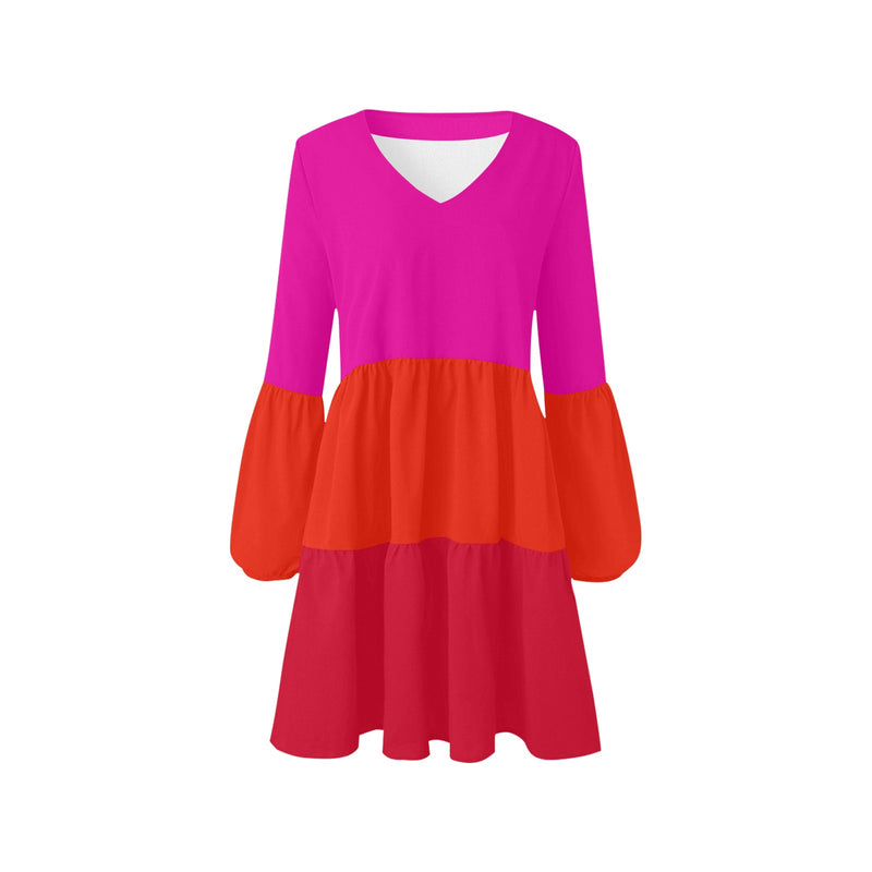 fuchsia anal1 print V-Neck Loose Fit Dress (Model D62) - Objet D'Art