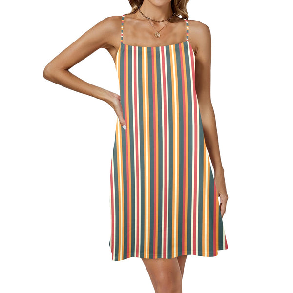 autumn stripes print 2 Drawstring Neck Sleeveless Dress (Model D68) - Objet D'Art