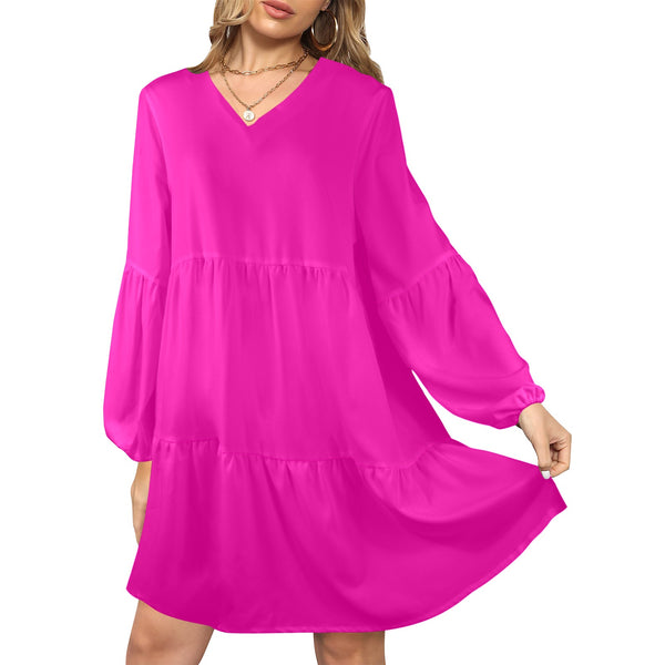 fuchsia print solid V-Neck Loose Fit Dress (Model D66) - Objet D'Art