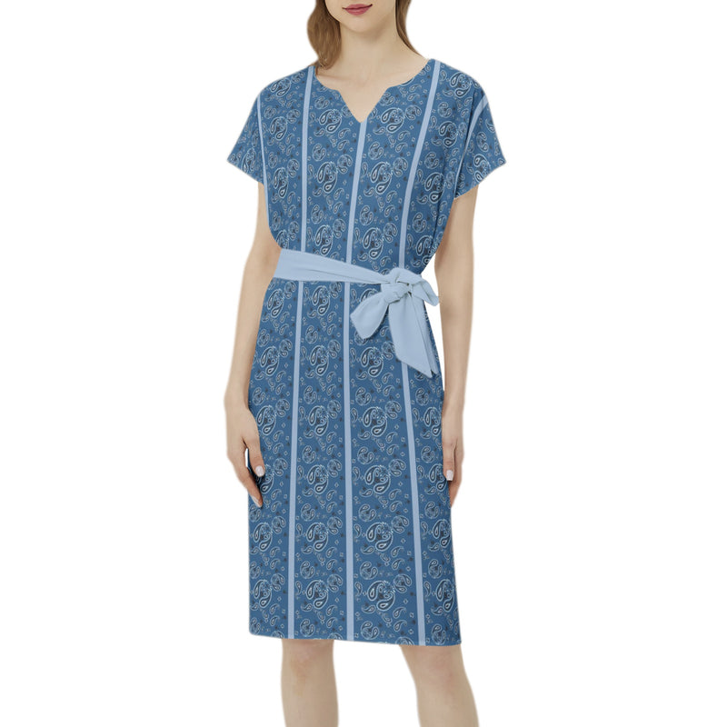 Paisley Striped iBetwing Seleeve Notch Neck Casual Dress with Belt - Objet D'Art