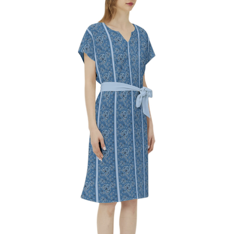 Paisley Striped iBetwing Seleeve Notch Neck Casual Dress with Belt - Objet D'Art
