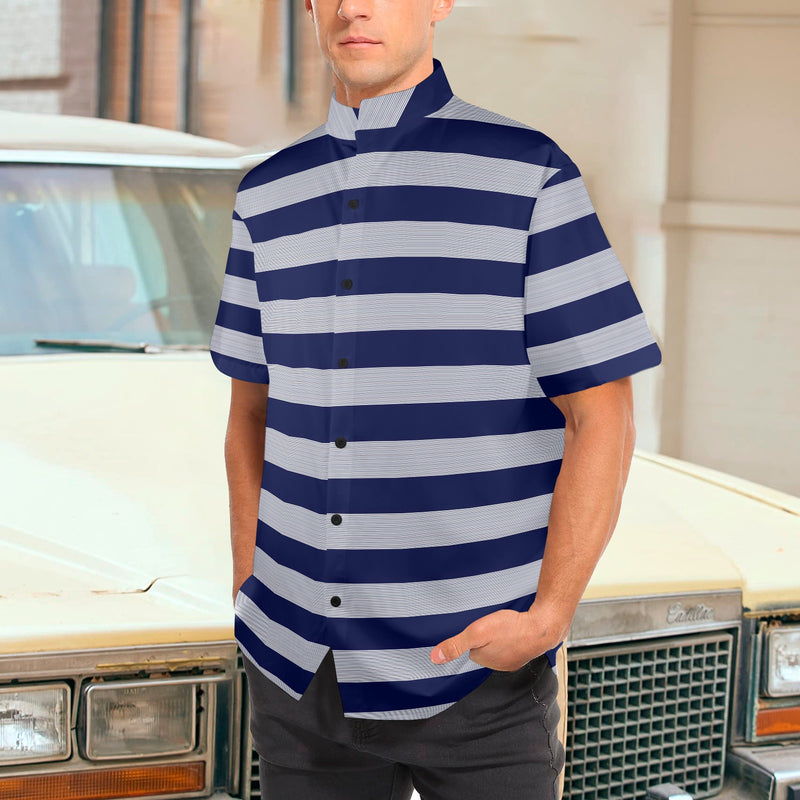 striped striped print Men's Stand-Up Collar Short Sleeve Shirt - Objet D'Art