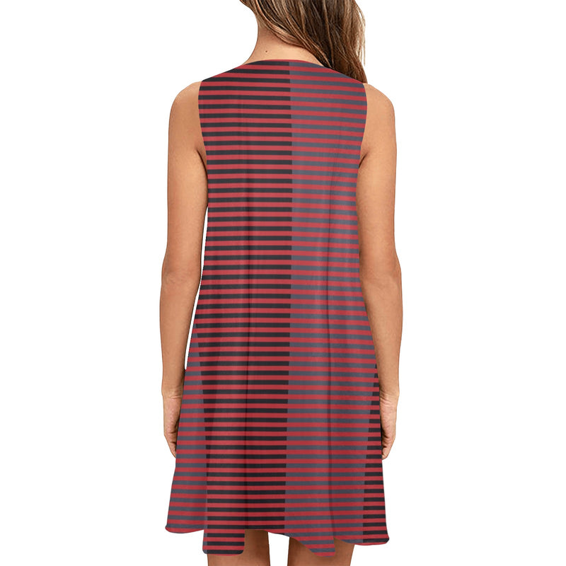 horizontal striped red gray black print Sleeveless A-Line Pocket Dress (Model D57) - Objet D'Art