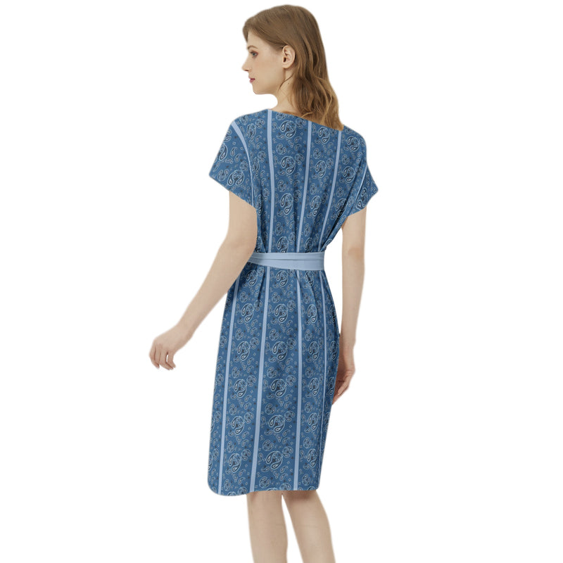 Paisley Striped iBetwing Seleeve Notch Neck Casual Dress with Belt - Objet D'Art