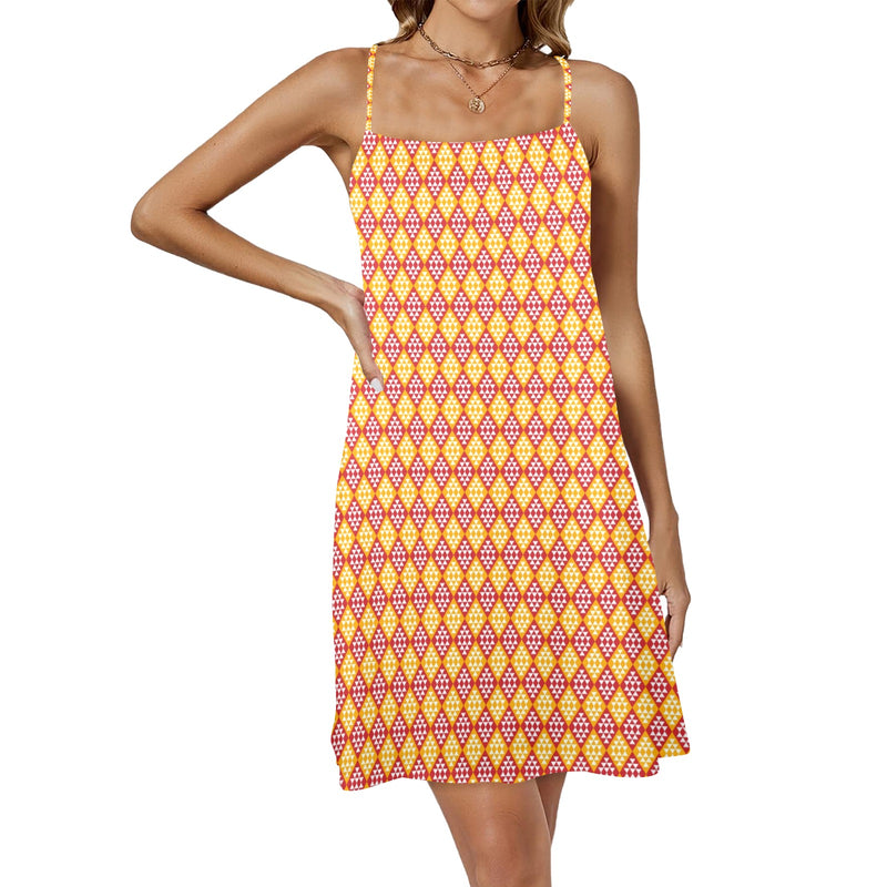 aut med diam print Drawstring Neck Sleeveless Dress (Model D68) - Objet D'Art