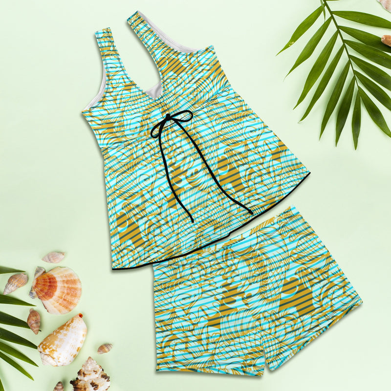 asian fish print Women's Vest Skirt Split Swimsuit (Model S47) - Objet D'Art