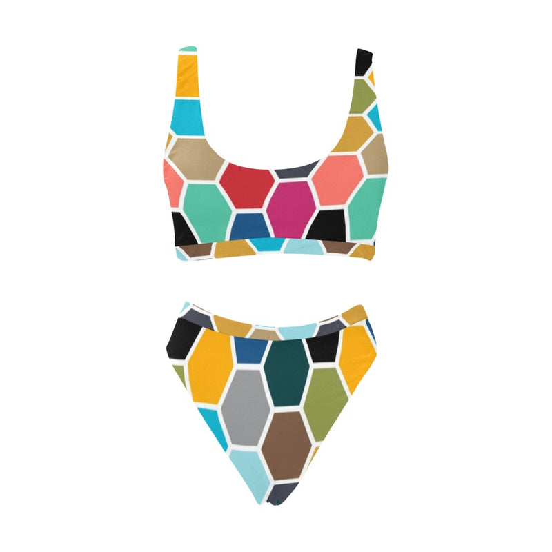 color hex print 2 Sport Top & High-Waisted Bikini Swimsuit (Model S07) - Objet D'Art