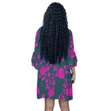 pink green greek key print Half Sleeves V-Neck Mini Dress (Model D63) - Objet D'Art