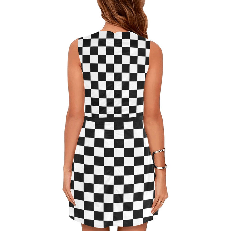 bw check print 2 Eos Women's Sleeveless Dress (Model D01) - Objet D'Art