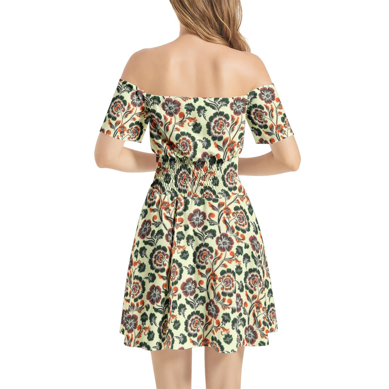 Off Shoulder Shirred Waist Flared Mini Dress - Objet D'Art
